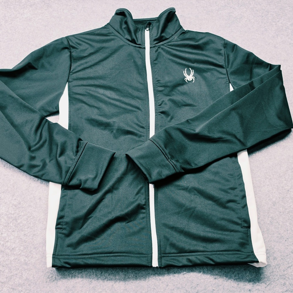 Spyder Mens Full Zip Track Jacket Green White Mock Neck Athletic Size S